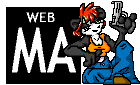 Anthropomorphic Panda Woman with green sharp butterfly wings pointing a gun at the viewer, who is leaning ontop of from the bust up a square with white text that says 'web' in small letters and 'MA' in big letters